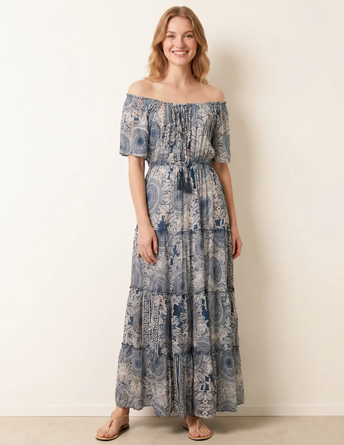 Tie Front Bardot Maxi Dress