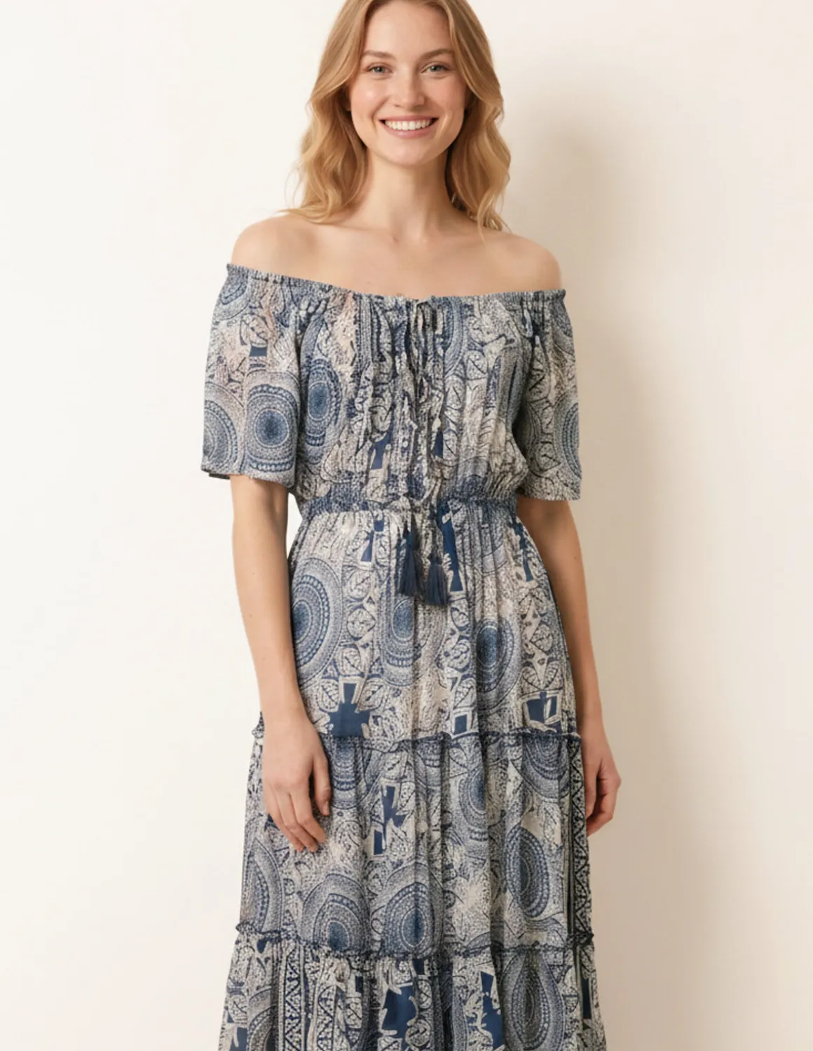 Tie Front Bardot Maxi Dress
