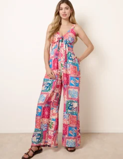 Tie Front Jumpsuit In Postcard Print