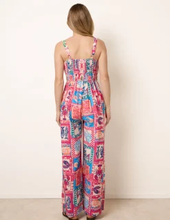 Tie Front Jumpsuit In Postcard Print