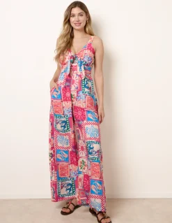 Tie Front Jumpsuit In Postcard Print