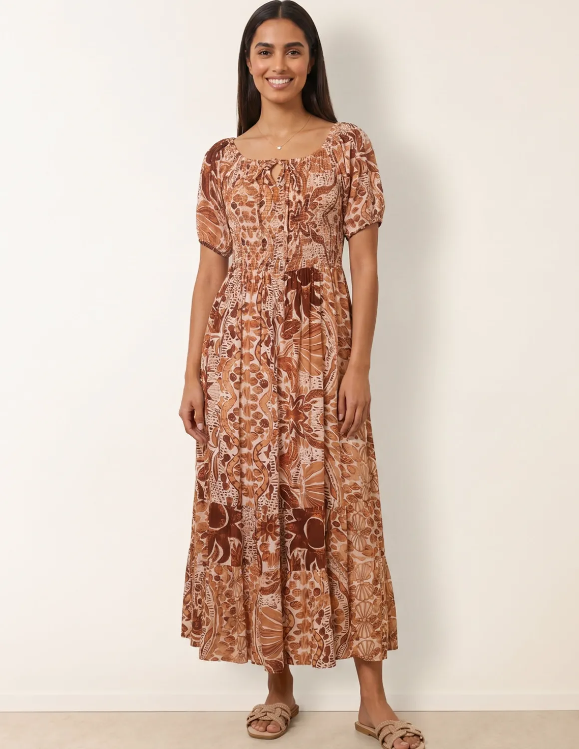 Tie Front Shirred Midi Dress