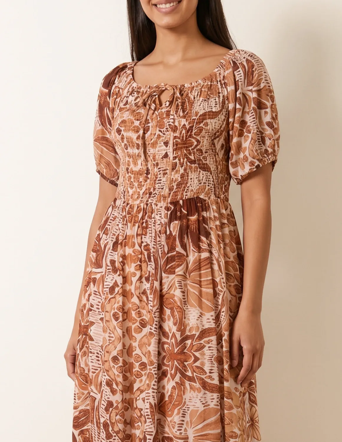 Tie Front Shirred Midi Dress