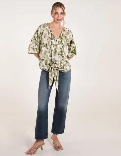 Tie Front Watercolour Butterfly Printed Top