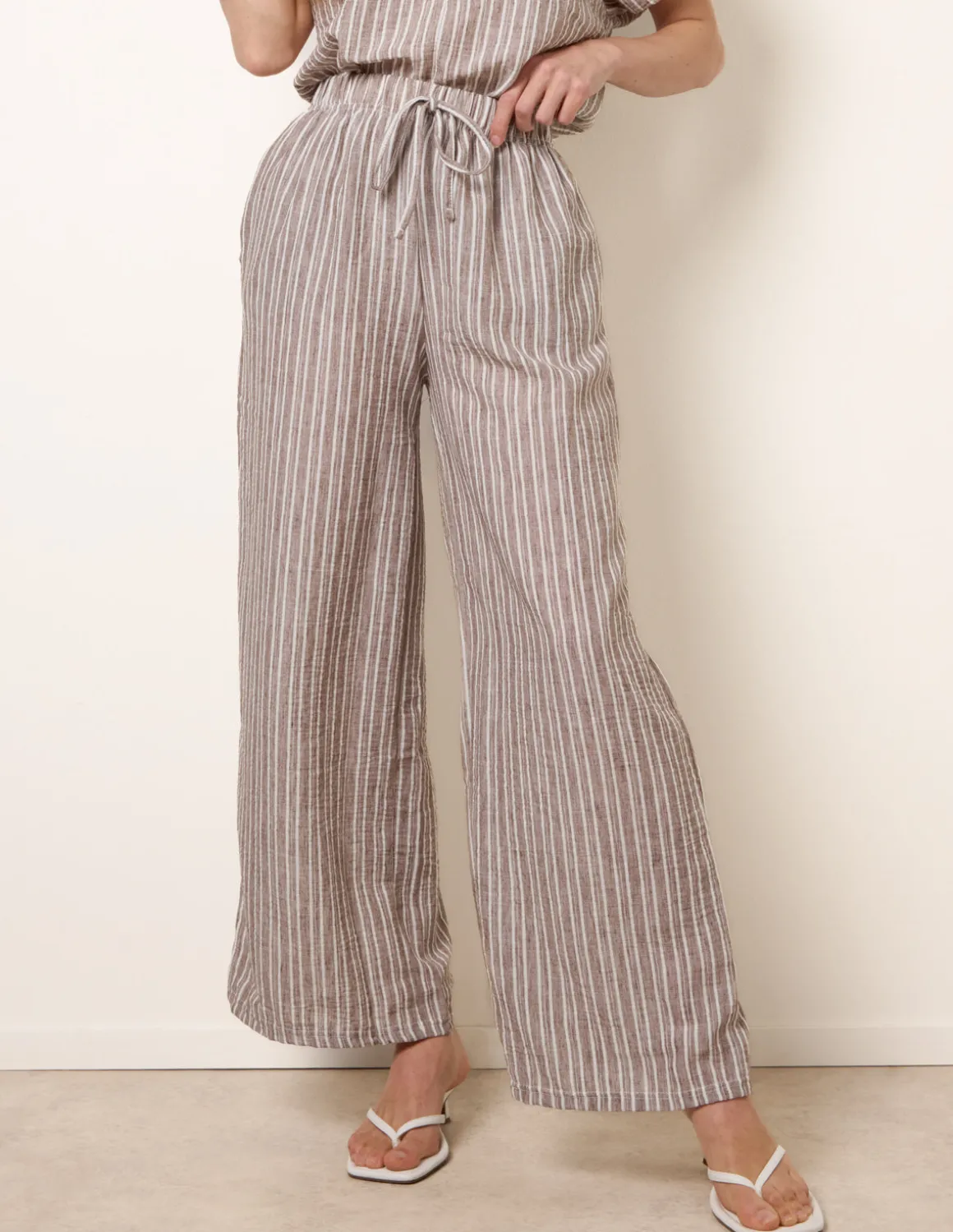 Tie Waist Stripe Wide Leg Trousers