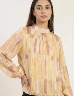 Tile Print Puffball Blouse With Metallic Detail