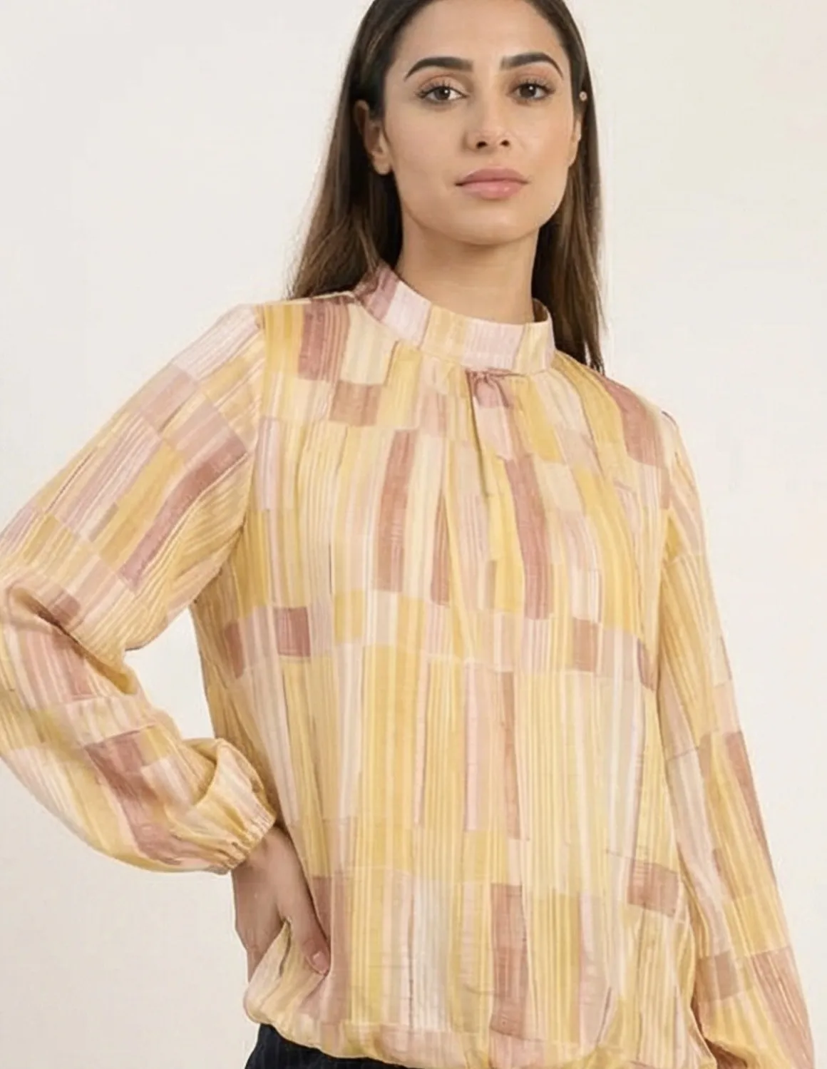 Tile Print Puffball Blouse With Metallic Detail