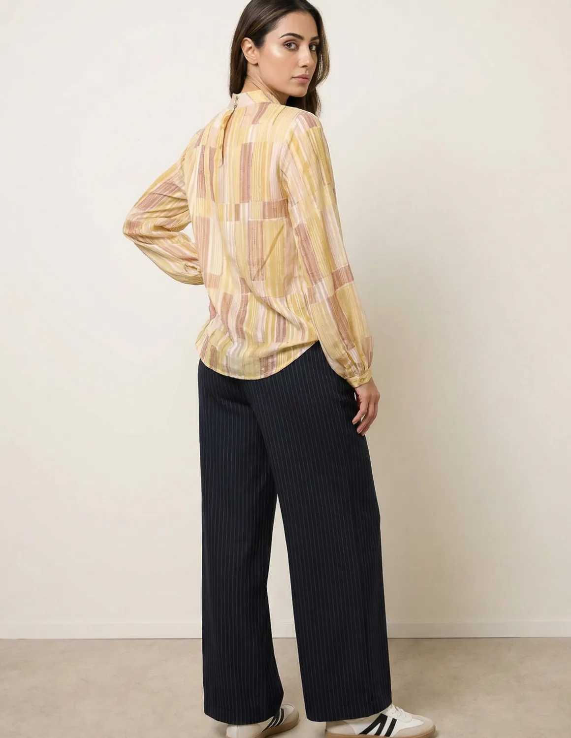 Tile Print Puffball Blouse With Metallic Detail