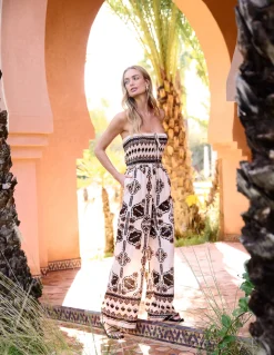 Tribal Print Bardot Tie Neck Jumpsuit