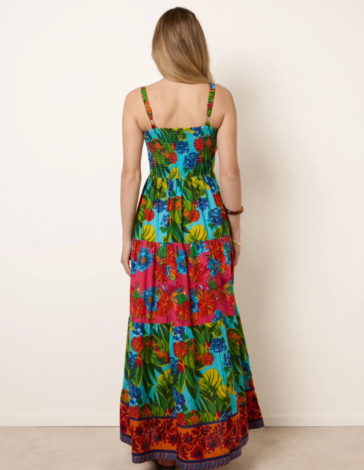 Tropical Beaded Detailed Tiered Maxi Dress