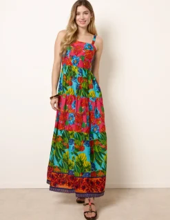 Tropical Beaded Detailed Tiered Maxi Dress