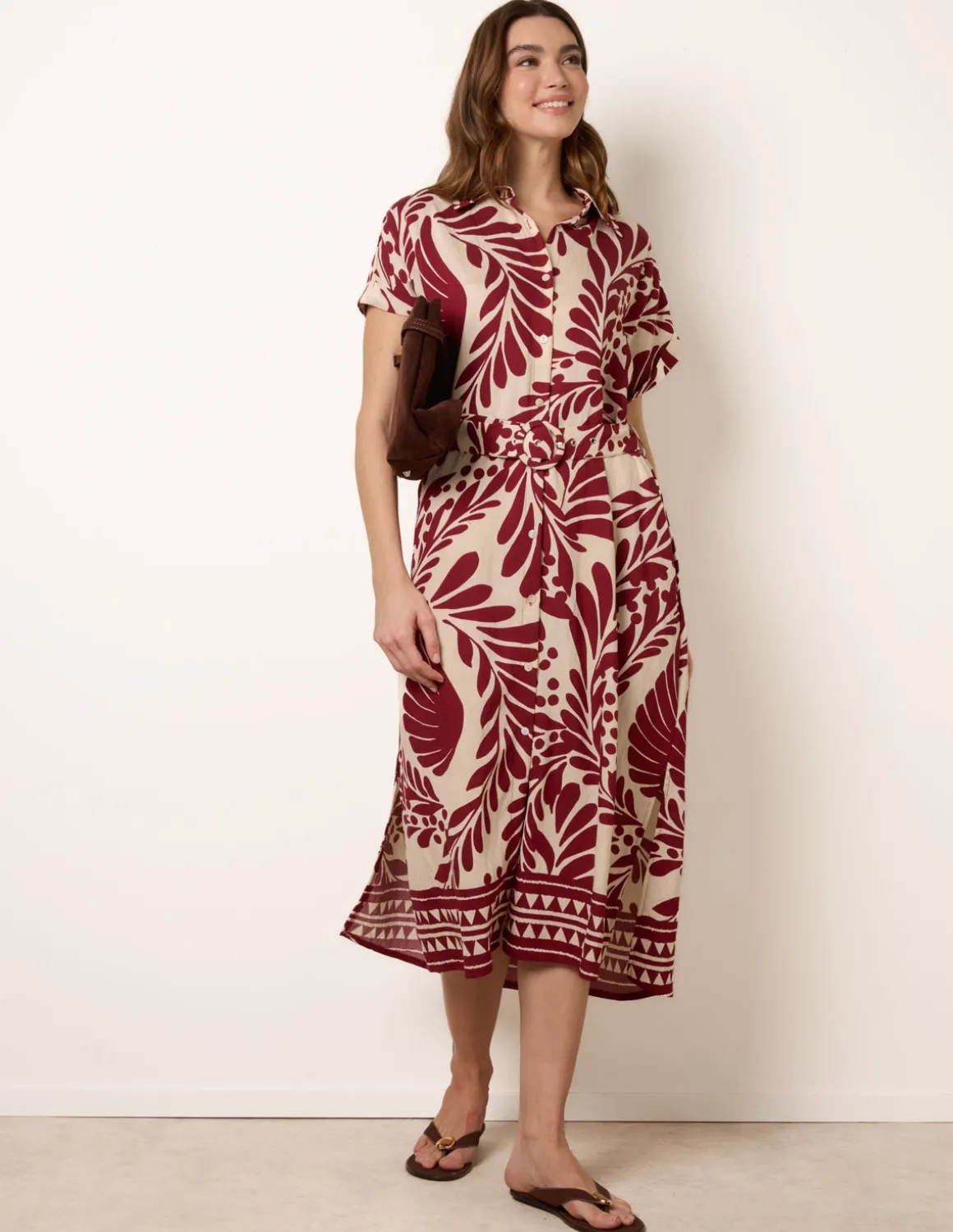 Tropical Leaf Print Belted Shirt Dress