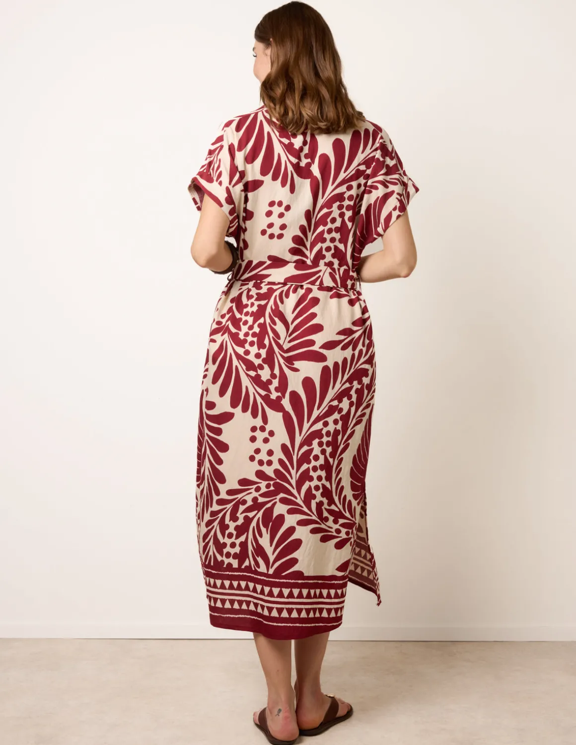 Tropical Leaf Print Belted Shirt Dress