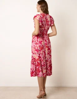Tropical Print Flutter Sleeve Midi Dress