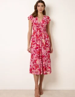 Tropical Print Flutter Sleeve Midi Dress