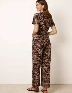 Tropical Print Shirred Waist Elasticated Round Neck Jumpsuit