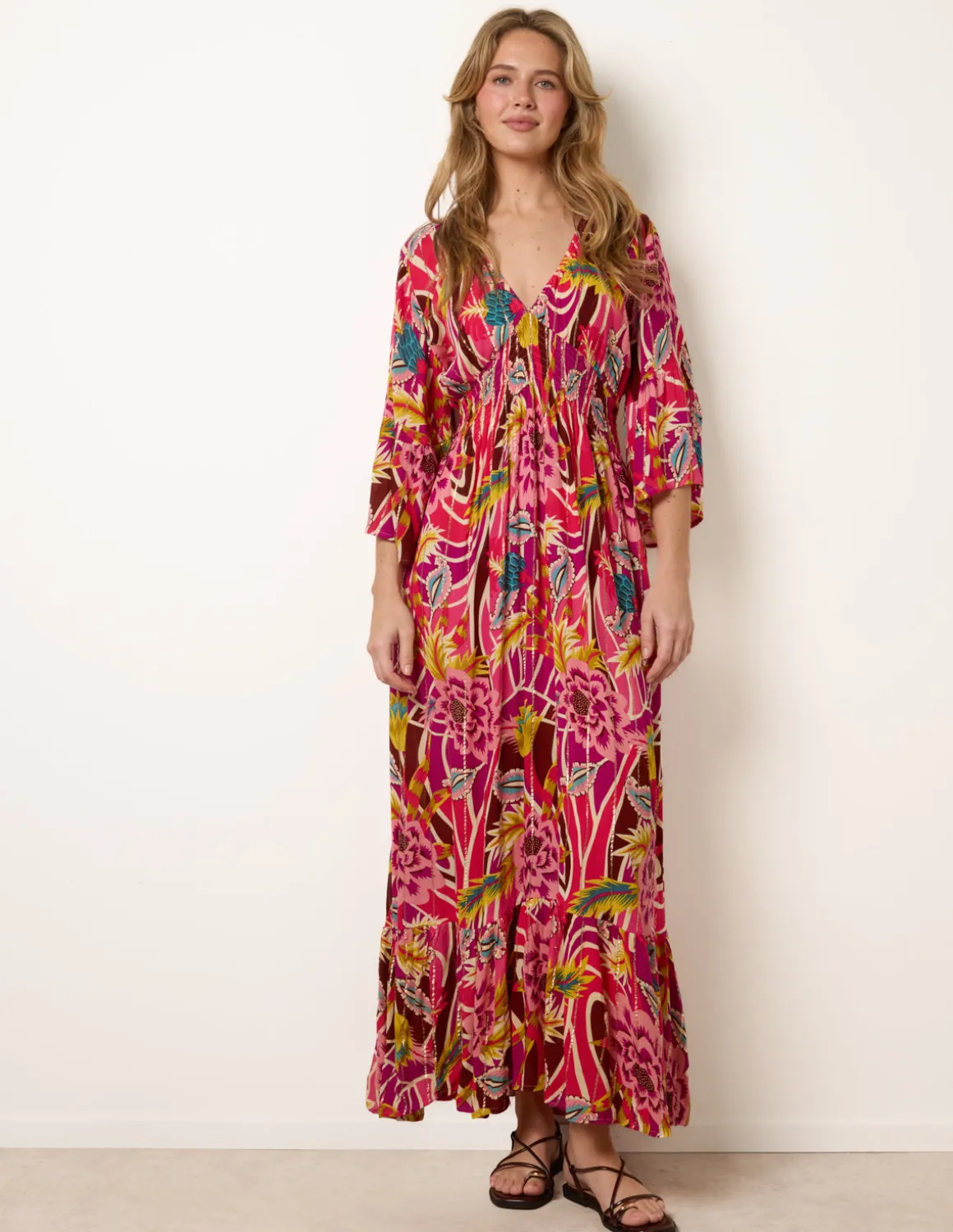 Tropical Print V-Neck Maxi Dress