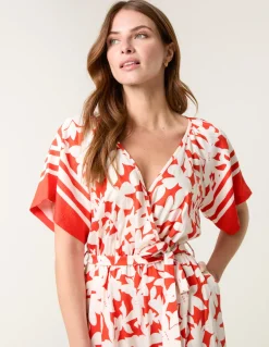 Tropical Print Wrap Belted Waist Jumpsuit
