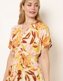 Tropical V Front Shirred Waist Maxi Dress