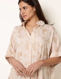 Tunic Style Button Front Dress With Paisley Embroidery
