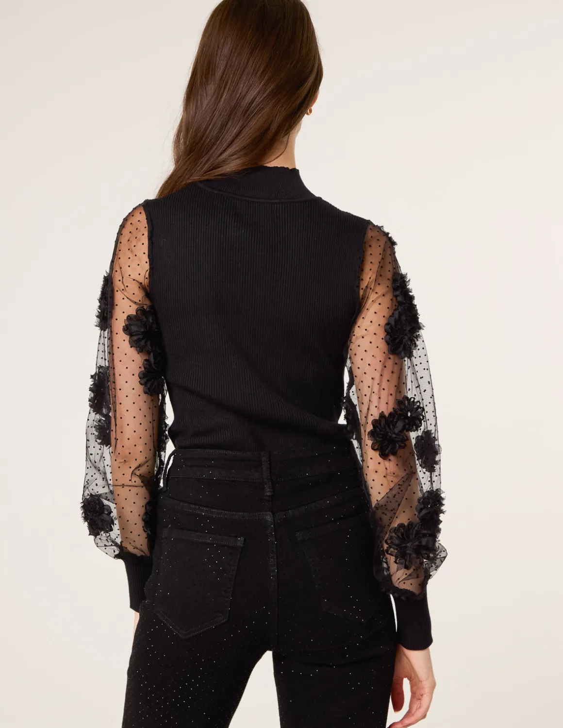 Turtle Neck Jumper With Mesh Polka Dot And Flower Detailed Sleeves