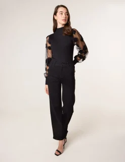 Turtle Neck Jumper With Mesh Polka Dot And Flower Detailed Sleeves