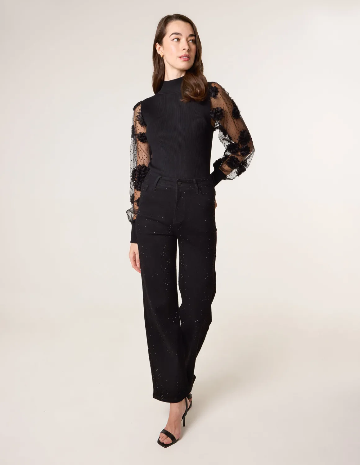 Turtle Neck Jumper With Mesh Polka Dot And Flower Detailed Sleeves