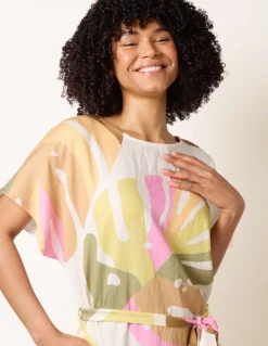 Vibrant Oversized Tie Waist Crew Neck Midi Dress