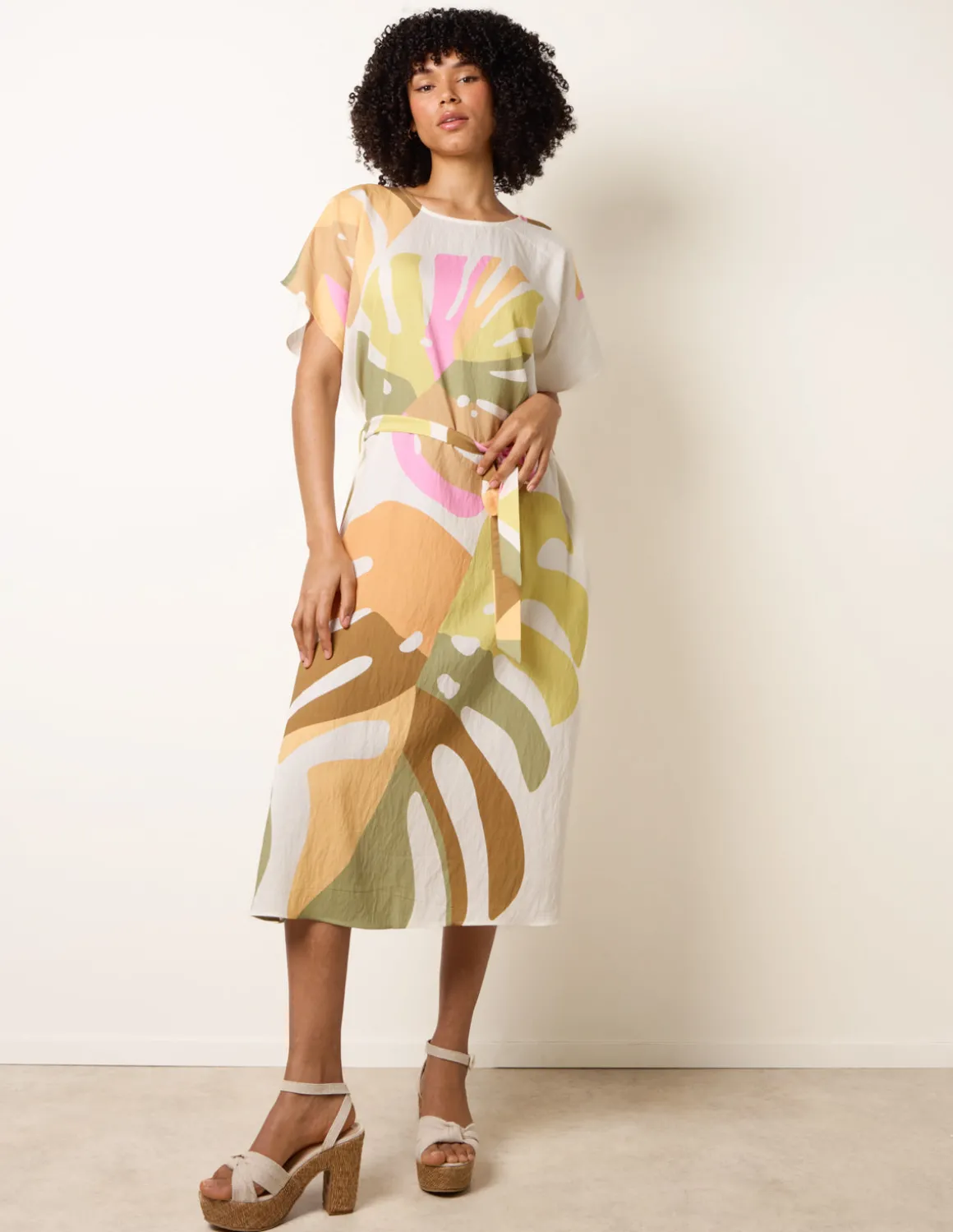 Vibrant Oversized Tie Waist Crew Neck Midi Dress