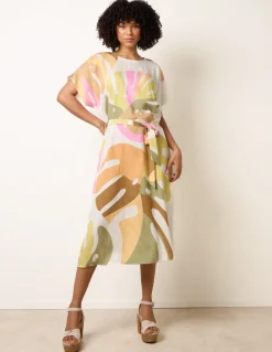 Vibrant Oversized Tie Waist Crew Neck Midi Dress