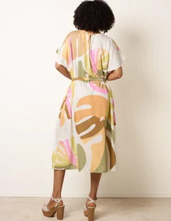 Vibrant Oversized Tie Waist Crew Neck Midi Dress