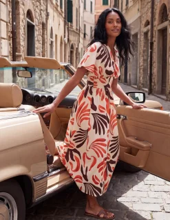 V Neck Abstract Leaf Print Dress