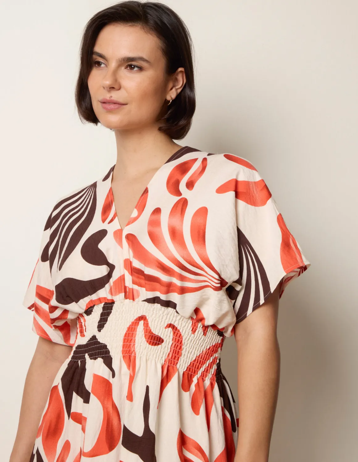 V Neck Abstract Leaf Print Dress