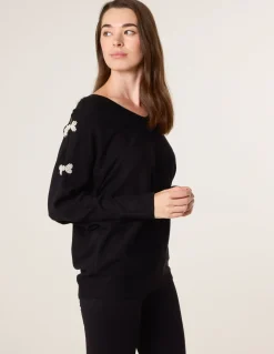 V-Neck Batwing Shoulder Pearl Detailing Jumper
