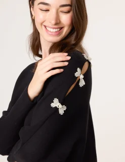 V-Neck Batwing Shoulder Pearl Detailing Jumper