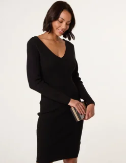 V Neck Bow Back Detailed Knitted Dress