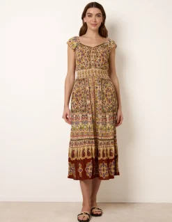 V Neck Embroidery Trim Paisley Maxi Dress