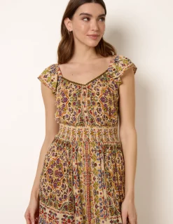 V Neck Embroidery Trim Paisley Maxi Dress