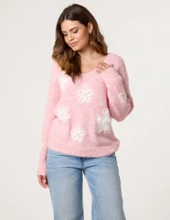 V Neck Flower And Pearl Jumper