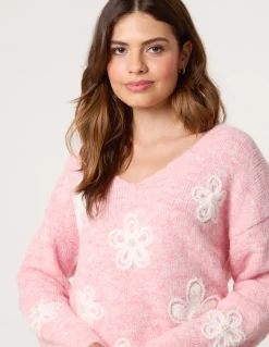 V Neck Flower And Pearl Jumper
