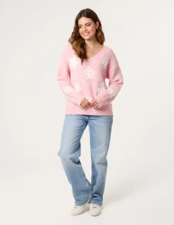 V Neck Flower And Pearl Jumper