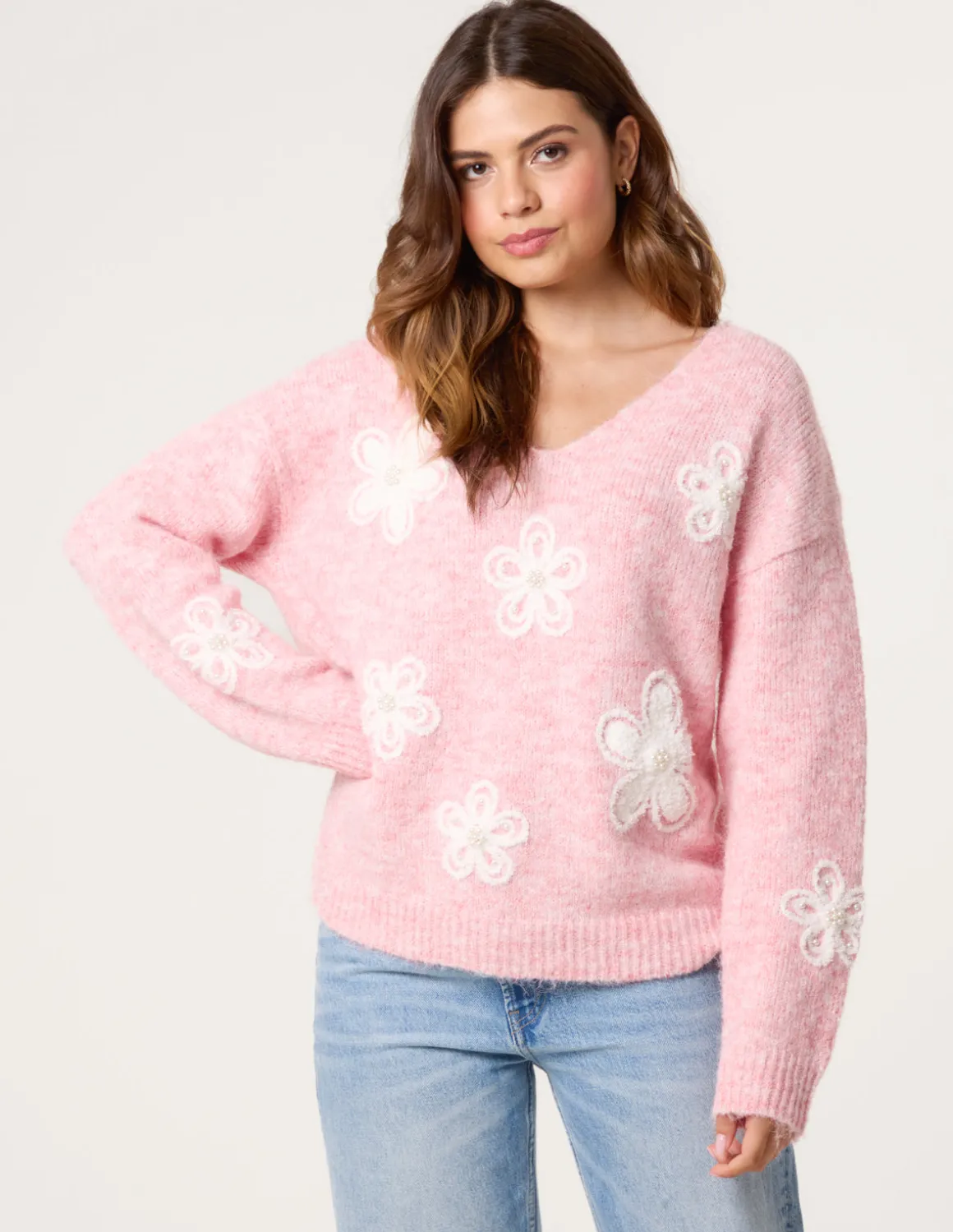V Neck Flower And Pearl Jumper