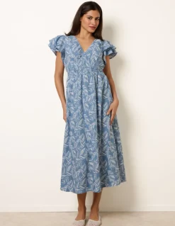 V Neck Flutter Midi Dress