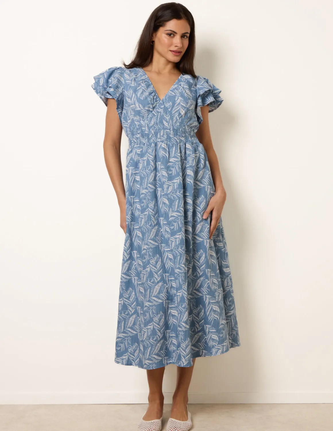 V Neck Flutter Midi Dress
