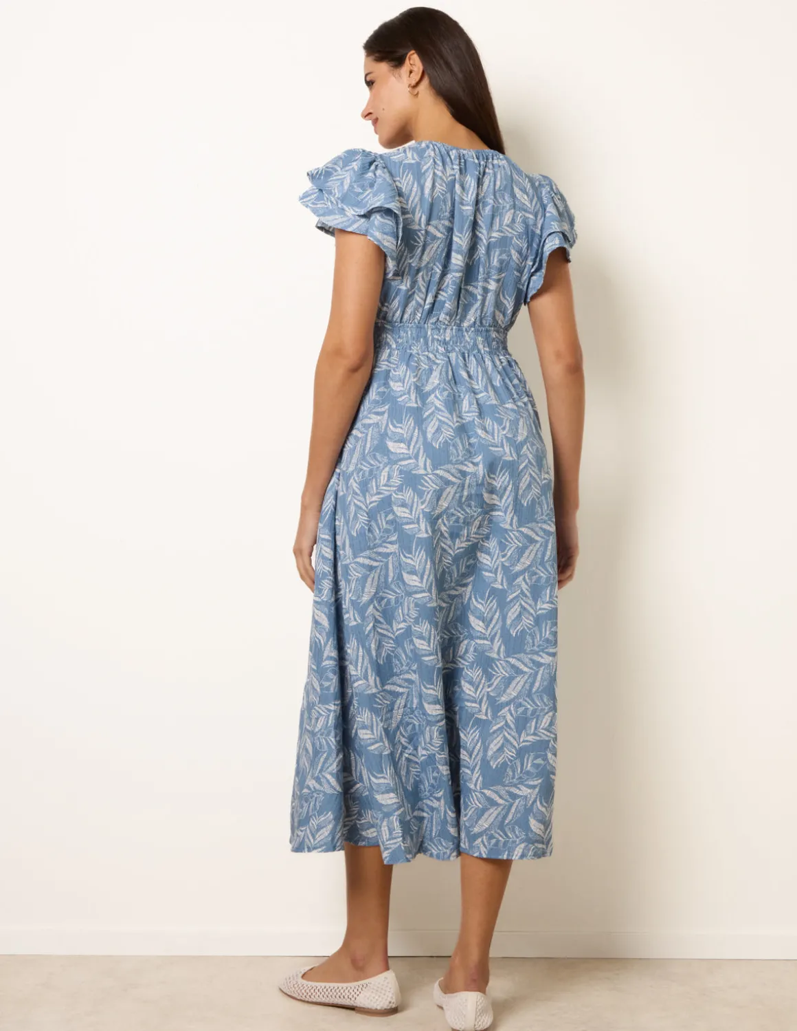 V Neck Flutter Midi Dress