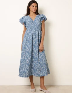 V Neck Flutter Midi Dress