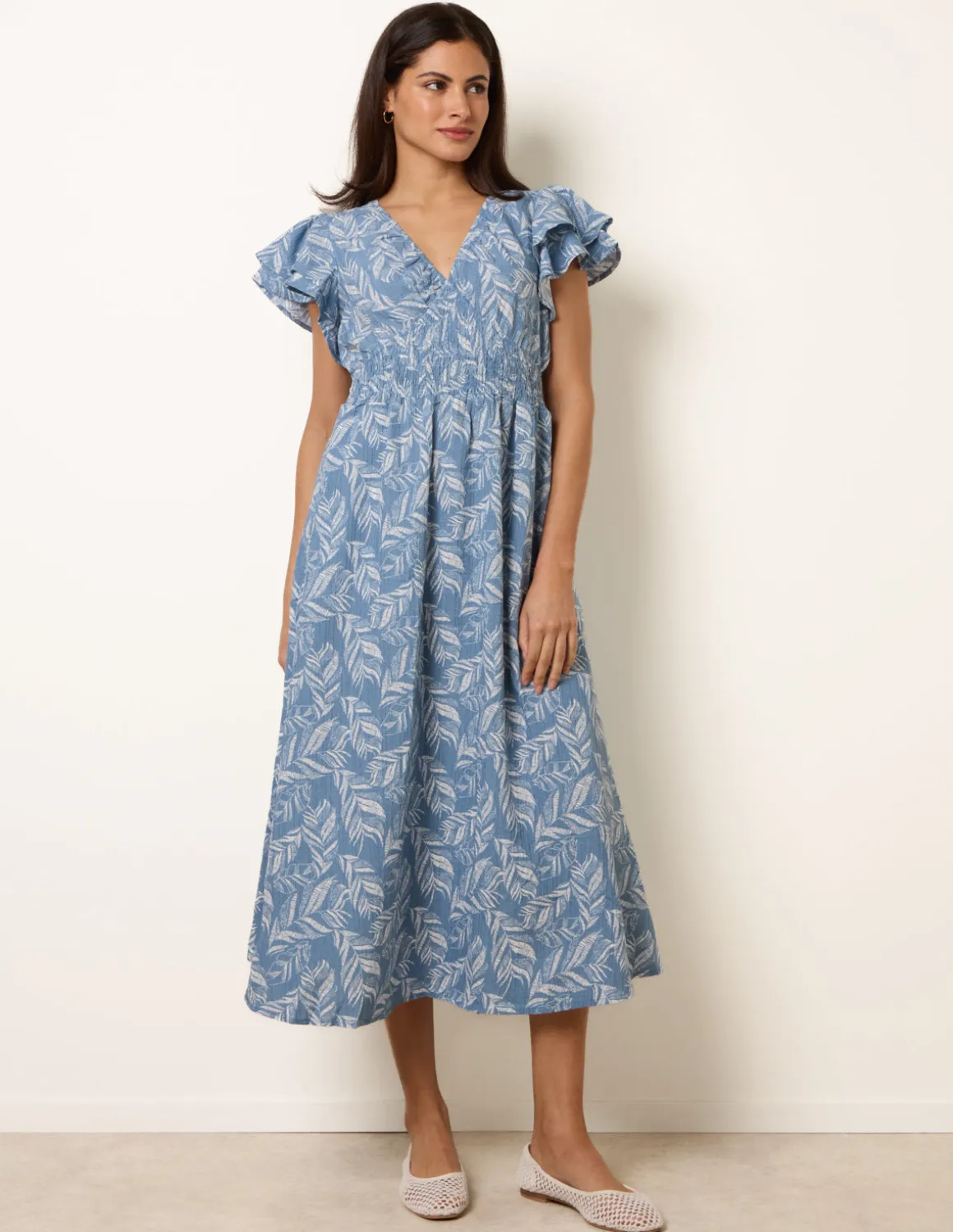 V Neck Flutter Midi Dress