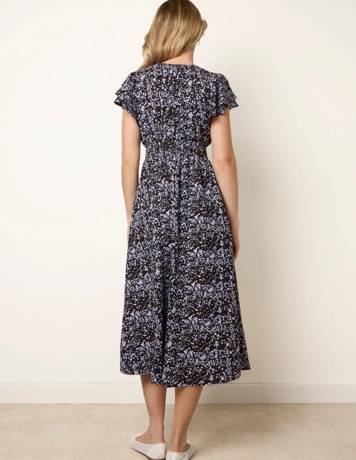 V Neck Flutter Midi Dress