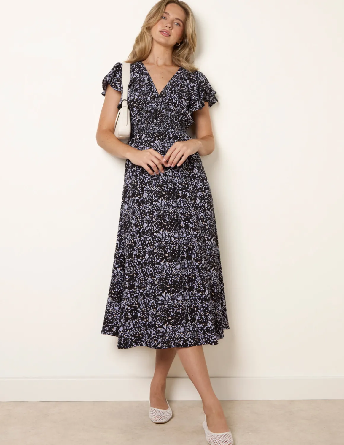 V Neck Flutter Midi Dress