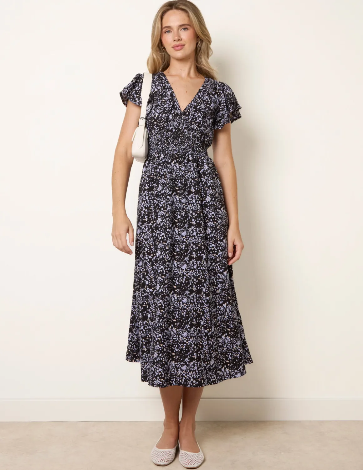 V Neck Flutter Midi Dress